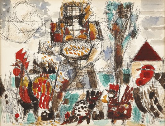 MARCEL GROMAIRE, Le Basse Cour (Feeding Fowl), 194: Le Basse Cour (Feeding Fowl), 1945 Ink and watercolor on paper. Signed and dated "Gromaire 1945" lower left. 13 1/4 x 17 1/4 in. (33.7 x 43.8 cm). PROVENANCE Associated American Artists, New York EXHI