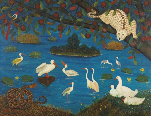 LAWRENCE LEBDUSKA, Leopard and Snake by a Lake, 19: Leopard and Snake by a Lake, 1940 Oil on canvas. Signed and dated "Lebduska 40" lower right. 28 x 36 in. (71.1 x 91.4 cm). PROVENANCE Acquired directly from the artist