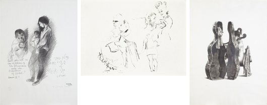 RAPHAEL SOYER, Three works: Are you not as the Chi: THIS LOT IS SOLD WITH NO RESERVE Three works: Are you not as the Children as Ethiopians (Woman with Child); Studies of Figures by JACK LEVINE b. 1915; and [Seated Nude with Cello and Case] by JOSEPH H