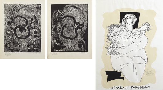 ABRAHAM RATTNER, Three works: Fire with Figures: t: THIS LOT IS SOLD WITH NO RESERVE Three works: Fire with Figures: two plates; and [Woman Holding a Rooster] Two relief prints and a screenprint in colors. Woman signed and annotated `To Harry and Nina