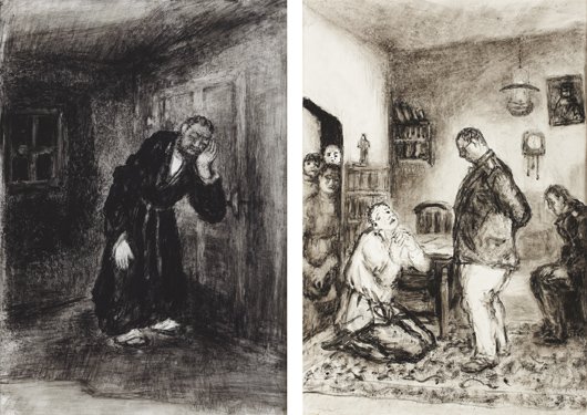 BENJAMIN D. KOPMAN, Two works: Illustrations for C: THIS LOT IS SOLD WITH NO RESERVE Two works: Illustrations for Crime and Punishment, not dated Charcoal, ink and wash on paper. 10 5/8 x 7 1/2 in. (27 x 19.1 cm) each.