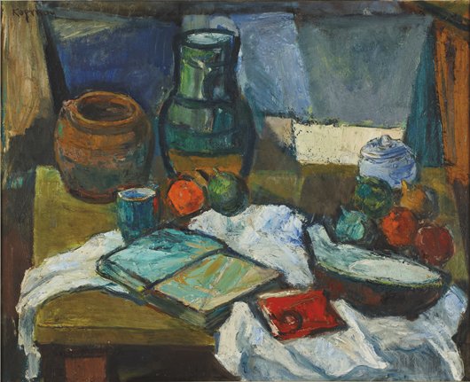 BENJAMIN D. KOPMAN, Still Life with Pitcher and Fr: THIS LOT IS SOLD WITH NO RESERVE Still Life with Pitcher and Fruit, 1948 Oil on canvas. Signed "Kopman" upper left. 25 7/8 x 32 in. (65.7 x 81.3 cm). EXHIBITED New York, The Jewish Museum, The Harry N