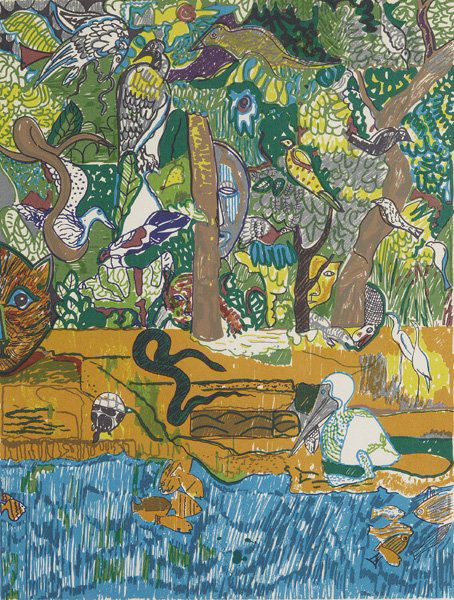 ROMARE BEARDEN, Dreams of Exile (Green Snake), 197: THIS LOT IS SOLD WITH NO RESERVE Dreams of Exile (Green Snake), 1973 Lithograph in colors. Signed, titled and annotated `AP/1' in pencil (the edition was 100). 22 x 16 5/8 in. (55.9 x 42.2 cm). LITERA
