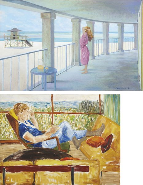 NIGEL VAN WIECK AND UNKNOWN ARTIST, Two works: Cas: THIS LOT IS SOLD WITH NO RESERVE Two works: Castles In The Sand (Good Morning America) and Man By Window, 1991 Oil and pastel on paper; oil on canvas. Signed "Van Wieck" lower right and signed and tit
