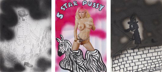 ARMEN ELOYAN, 5 Star Pussy (052), 2006: 5 Star Pussy (052), 2006 Triptych: graphite, poster paint, acrylic, marker pen, spray paint, and magazine collage on paper. Signed and dated 'Armen Eloyan 2006' on the reverse. Each: 41.5 × 29.5 cm (