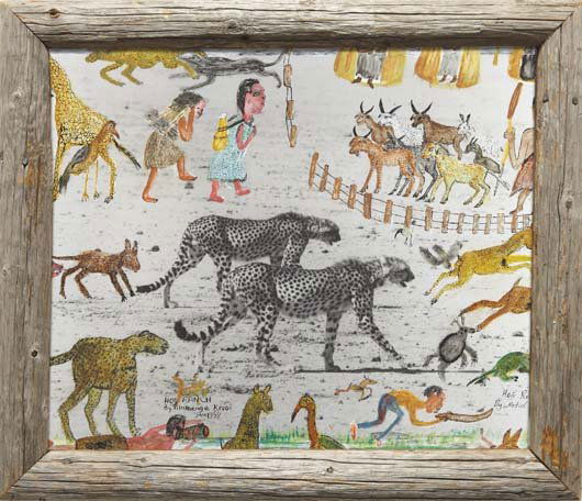 PETER BEARD, Hunting Cheetahs on the Taru Desert,: Hunting Cheetahs on the Taru Desert, Kenya, 1960 Gelatin silver print with painting by Mathenge, Mwangi and Kivoi, in artist's original frame, printed 1998. 19 1/4 x 23 in. (48.9 x 58.4 cm). Signed