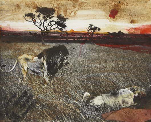 PETER BEARD, Serengeti, 1963: Serengeti, 1963 Gelatin silver print with blood, glitter and affixed rag. 16 1/8 x 20 in. (41 x 50.8 cm). Signed, titled 'From the End of Game' and dated in ink in the margin; signed and annotated 'an
