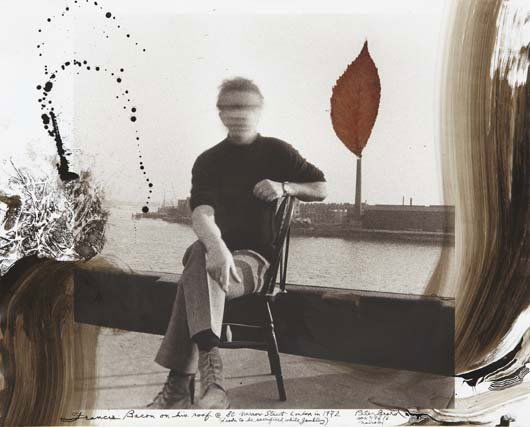 PETER BEARD, Francis Bacon on his roof at 80 Narro: Francis Bacon on his roof at 80 Narrow Street, London, 1972 Gelatin silver print with ink, paint and affixed leaf, printed later. 16 x 19 7/8 in. (40.6 x 50.5 cm). Signed, titled, dated and extensivel