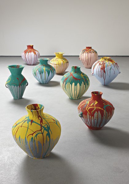 AI WEIWEI, Nine Coloured Pots, 2006: Nine Coloured Pots, 2006 Painted neolithic vessels. Variable dimensions: smallest 33 x 107 cm (13 x 42 1/8 in); largest 39 x 117.2 cm (15 2/5 x 46 1/8 in). ‡ PROVENANCE Galerie Urs Meile, Lucern