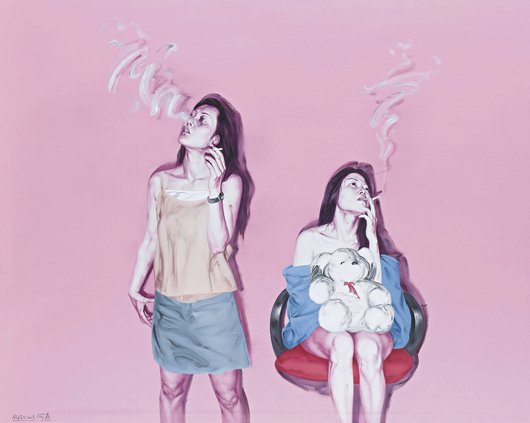 HE SEN, Two Girls Smoking, 2003: Two Girls Smoking, 2003 Oil on canvas. 200 x 249.5 cm (78 3/4 x 98 1/4 in). Signed in Pinyin and Chinese and dated 'He Sen 2003' lower left. ‡ PROVENANCE Primo Marella Gallery, Milan; Private Co