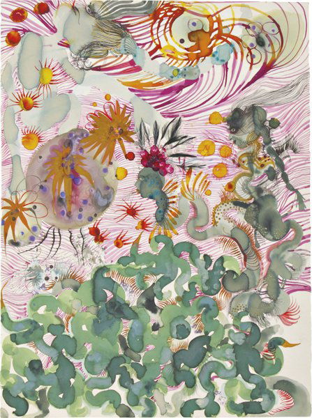 RINA BANERJEE, Heredity lingered in her minds eye: Heredity lingered in her minds eye with blind spots and green entrails as in-laws and enemies made way, 2007 Acrylic and ink on paper. 76 x 56 cm (29 7/8 x 22 in). Signed, titled and dated 'Rina Baner