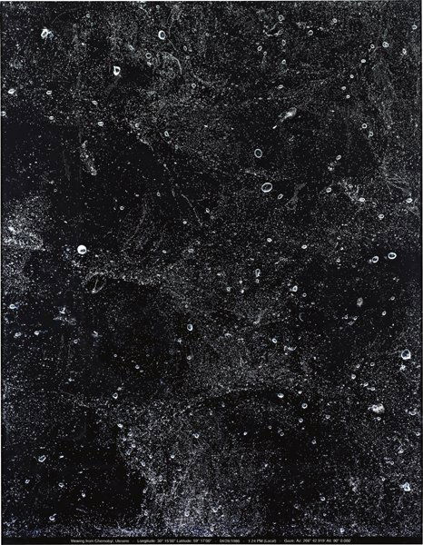 VIK MUNIZ, Viewing from Chernobyl, Ukraine – Longi: Viewing from Chernobyl, Ukraine – Longitude: 30° 15'00" Latitude: 59° 17'00"– 4/26/1986 – 1:24 PM (LOCAL) – Gaze: AZ: 266° 42.919' Alt: 90° 0.000' from Pictures of Air, 2001 Dye destructio