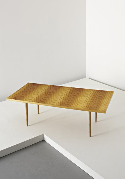 TAPIO WIRKKALA, 'Rhythmic Plywood' coffee table, c: 'Rhythmic Plywood' coffee table, c. 1957 Birch-veneered wood, birch. 39.5 x 124 x 62 cm. (15 1/2 x 48 7/8 x 24 1/2 in.). Manufactured by Asko, Finland. Underside branded with 'TAPIO WIRKALLA/ASKO/MADE