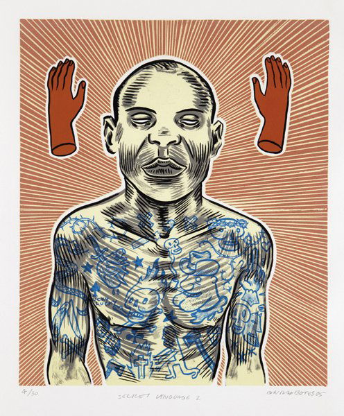 CONRAD BOTES, Secret Language II, 2005: Secret Language II, 2005 Lithograph in colors, on Arches paper. 17 3/4 x 15 in. (45.1 x 38.1 cm). Signed, titled, dated and numbered 4/30 in pencil, framed. SOUTH AFRICA LITERATURE A. Kannemeyer and C