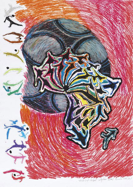 SOLY CISSÉ, Football Continent, 2008: Football Continent, 2008 Ink and oil pastel on paper. 27 3/4 x 19 3/4 in. (70.5 x 50.2 cm). Signed and inscribed "World Cup – Subject Soly Cissé Soly Munich (All/DE)" lower right. SENEGAL
