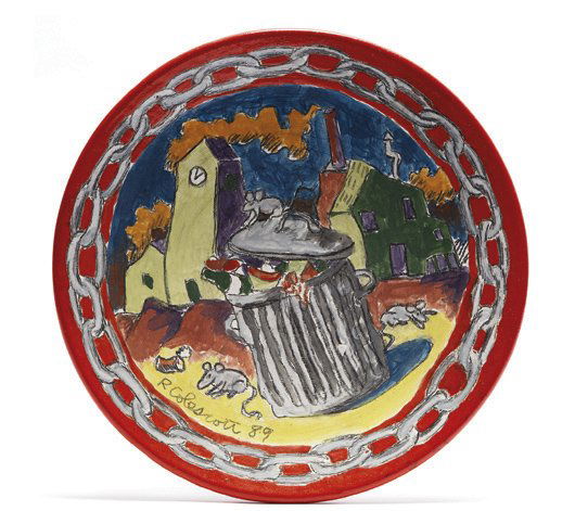 ROBERT COLESCOTT, Amore (Love), 1989: Amore (Love), 1989 Painted and glazed ceramic. 12 1/2 in. (31.8 cm) diameter. Signed and dated "R. Colescott 1989" lower left; also inscribed "Amore" on the reverse. This work is unique. UNITED STATES