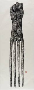 SANFORD BIGGERS, Afropick, 2005: Afropick, 2005 Woodcut, on Japanese paper. 67 x 11 1/4 in. (170.2 x 28.6 cm). Signed and numbered 23/30 in pencil, with red stamps, framed. UNITED STATES