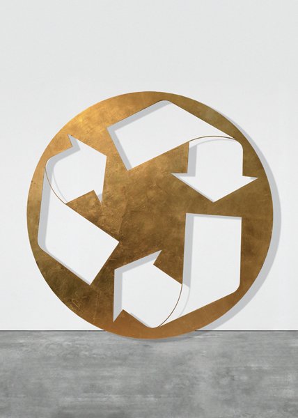 KELLEY WALKER, Untitled, 2007: Untitled, 2007 Gold leaf on laser cut steel. Diameter: 58 in. (147.3 cm). PROVENANCE Paula Cooper Gallery, New York Kelley Walker's retooled recycling logo is an impressive example of self-reflexivity