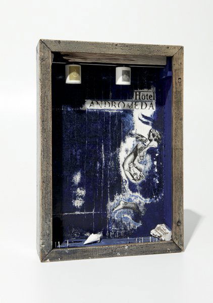 JOSEPH CORNELL, Hotel Andromeda, 1954: Hotel Andromeda, 1954 Wood, acrylic, paper collage, metal hardware, shell and glass. 18 1/4 x 12 1/2 x 3 1/2 in. (46.4 x 31.8 x 9 cm). Signed "Joseph Cornell" on the reverse. PROVENANCE C&M Arts, New
