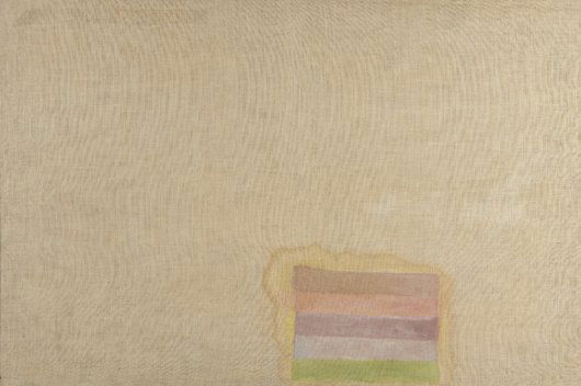 SERGEJ JENSEN, Untitled, 2002: Untitled, 2002 Oil and varnish on jute. 48 1/4 x 72 in. (122.6 x 182.9 cm). PROVENANCE Galerie Neu, Berlin