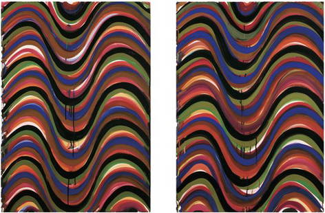 KARIN DAVIE, Untitled, 1995: Untitled, 1995 Gouache on paper in two parts. 41 1/2 x 29 1/4 in. (105.4 x 74.3 cm) each; 41 1/2 x 58 1/2 in. (105.4 x 148.6 cm) overall. Signed and dated "Davie 95" lower right of left sheet. 