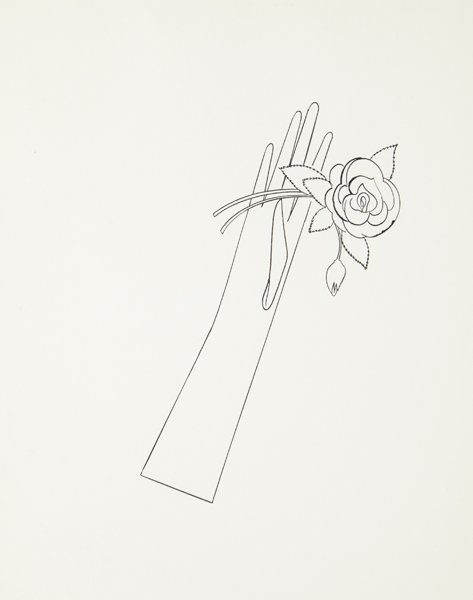 ANDY WARHOL, Glove Holding Rose, circa 1950: Glove Holding Rose, circa 1950 Ink on Strathmore paper. 14 5/8 x 11 1/2 in. (37.1 x 29.2 cm). Stamped with the Estate and Foundation seals and numbered "342.004" on the reverse. PROVENANCE Andy Warhol