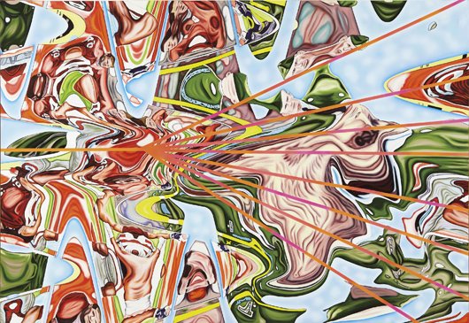 JIN MEYERSON, Friendly Fire, 2004: Friendly Fire, 2004 Oil and acrylic on panel. 48 x 69 1/2 in. (121.9 x 176.5 cm). Signed, titled and dated "J. Meyerson Friendly Fire 2004" on the reverse. PROVENANCE Zach Feuer Gallery (LFL), New Yor