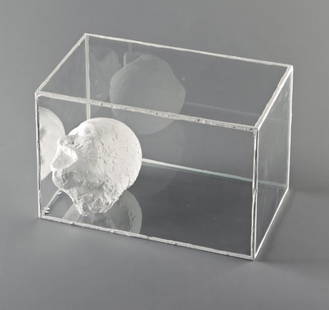 TERENCE KOH, Untitled (Whitehead), 2006: Untitled (Whitehead), 2006 Mixed media sculpture, cast plaster head of the artist, fragmented, broken, or otherwise partially destroyed, glue and paint, in glass vitrine. 12 1/2 x 19 7/8 x 11 3/4 in.