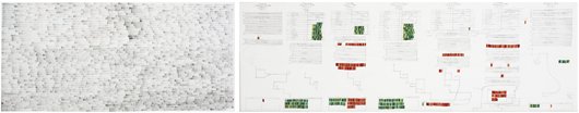 DANICA PHELPS, Untitled, 1999: Untitled, 1999 Graphite, watercolor, gouache, recycled US currency on paper mounted to panel in two parts. 12 x 35 7/8 in. (30.5 x 91.1 cm) and 19 1/8 x 39 1/2 in. (48.6 x 100.3 cm). Each signed and d