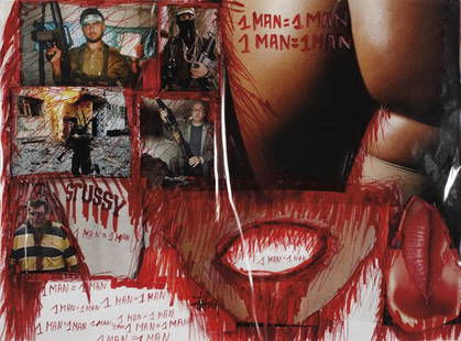 THOMAS HIRSCHHORN, Red Serie (1 Man = 1 Man), 2001: Red Serie (1 Man = 1 Man), 2001 Ink, felt-tip pen and collaged photographs on paper in plastic laminated cover. 12 3/8 x 16 1/2 in. (31.4 x 41.9 cm). PROVENANCE Gladstone Gallery, New York
