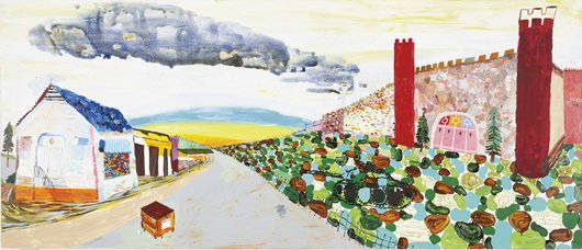 LISA SANDITZ, Staten Island, 2003: Staten Island, 2003 Oil and acrylic on canvas. 36 x 84 in. (91.4 x 213.4 cm). Signed, titled and dated "Lisa Sanditz Staten Island 2003" on the overlap. PROVENANCE CRG Gallery, New York