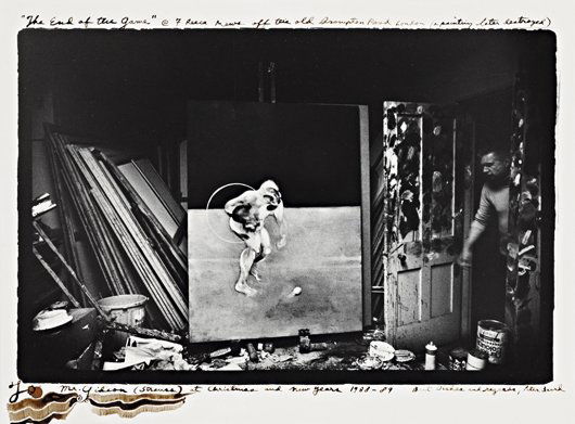 PETER BEARD, Francis Bacon in his studio, 7 Reese Me: PETER BEARD, Francis Bacon in his studio, 7 Reese Mews off the Old Brompton Road London (a painting later destroyed), 1972 Gelatin silver print with ink, printed later. 21 x 32.1 cm (8 1/4 x 12 5/8 in