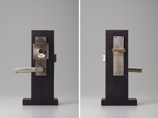 WALTER GROPIUS, Door handle and lock plate, ca. 19: Door handle and lock plate, ca. 1923 Nickel-plated metal, enameled metal. 8 x 5 1/2 x 5 1/2 in. (20.3 x 14 x 14 cm.) mounted. Lock plate impressed with "KARNIES-FALLE/D.R.G.M/1355452/D.R.P. angem." LI