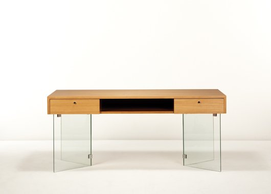 JACQUES DUMOND, Desk, 1950s: Desk, 1950s Ash-veneered wood, glass, brushed metal. 30 3/4 x 70 7/8 x 30 1/4 in. (78.1 x 180 x 76.8 cm.) PROVENANCE Phillips de Pury & Company, 20-21st Century Design Art, December 8, 2005, Lot 118 L
