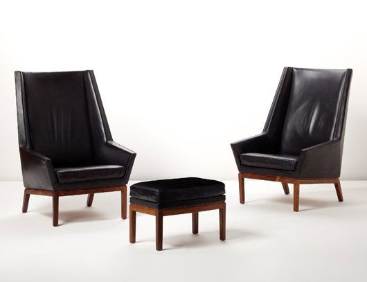ERIK KOLLING ANDERSEN, Pair of high-backed lounge: Pair of high-backed lounge chairs and one ottoman, ca. 1954 Leather, rosewood. Each chair: 41 1/4 in. (104.8 cm.) high; ottoman: 15 x 21 1/2 x 14 1/2 in. (38.1 x 54.6 x 36.8 cm.) Produced by cabinetma