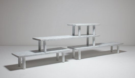 JASPER MORRISON, "Carrara Tables, Variation N° 16: Carrara Tables, Variation N° 16 + 1", 2005 Carrara marble-covered aluminum honeycomb, brushed metal. Largest table: 11 x 65 3/4 x 15 1/4 in. (27.9 x 167 x 38.7 cm.) Produced for Galerie kreo, France.