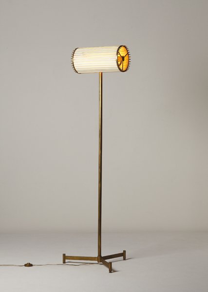 ATTRIBUTED TO ANGELO LELLI, Rare floor lamp, ca. 1: Rare floor lamp, ca. 1955 Brass, painted metal. 68 in. (172.7 cm.) high Manufactured by Arredoluce, Italy. Switch impressed with "MADE IN ITALY/ARREDOLUCE MONZA.