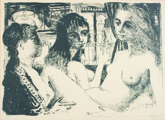 PAUL DELVAUX, Les trios femmes, 1967: Les trios femmes, 1967 Lithograph, on wove paper, with full margins, I. 21 x 29 1/4 in. (53.3 x 74.3 cm); S. 22 3/4 x 31 in. (57.8 x 78.7 cm) signed and numbered 41/50 in pencil, light-staining, soili