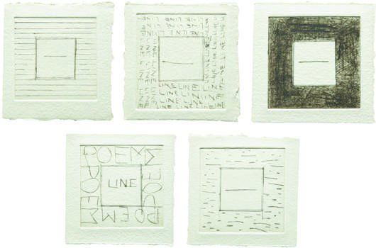 PAT STEIR, Line Poem series, 1976: Line Poem series, 1976 The complete set of five etchings, on Twinrocker paper, with full margins, all I. 4 x 4 in. (10.2 x 10.2 cm); all S. 5 1/4 x 5 1/2 in. (13.3 x 14 cm) all signed, titled and date