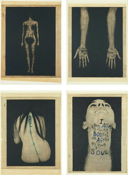 LESLEY DILL, A Word Made of Flesh, 1994: A Word Made of Flesh, 1994 The complete set of four lithograph and etchings with stitching, on Japanese paper to Arches buff paper, the full sheet, all S. 30 x 22 1/4 in. (76.2 x 56.5 cm) all signed