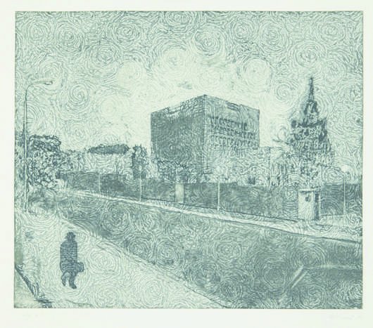 Richard Artschwager, Building Riddled with Listen: Building Riddled with Listening Devices, 1990 Etching and aquatint, on wove paper, with full margins, I. 20 1/2 x 24 in. (52.1 x 61 cm); S. 32 5/8 x 35 1/4 in. (82.9 x 89.5 cm) signed, dated `1990' a