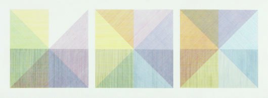 SOL LEWITT, Three Squares with a Different Color i: Three Squares with a Different Color in Each Half Square (Divided Vertically and Horizontally), 1971 Screenprint in colors, on Strathmore paper, with full margins, I. 11 1/8 x 34 7/8 in. (28.3 x 88.6