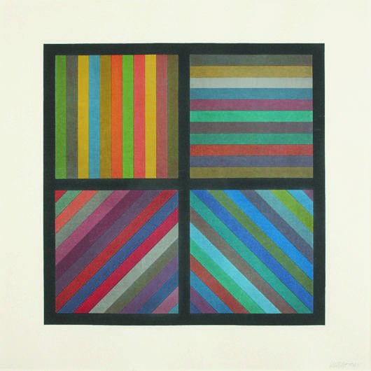 SOL LEWITT, Bands of Lines in Four Directions, 199: Bands of Lines in Four Directions, 1993 Woodcut in colors, on Japanese paper, with full margins, I. 12 1/2 x 12 1/2 in. (31.8 x 31.8 cm); S. 16 1/2 x 16 1/2 in. (41.9 x 41.9 cm) signed and numbered 83