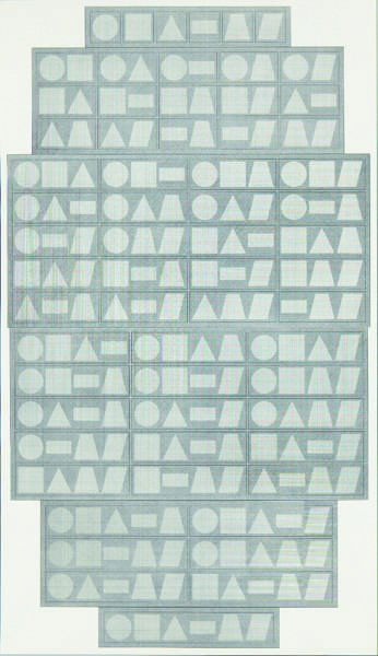 SOL LEWITT, All one-, two-,three-, four-, five- &: All one-, two-,three-, four-, five- & six-part combinations of six geometric figures, 1980 Screenprint, on Rives BFK paper, with full margins, I. 64 1/2 x 37 1/4 in. (163.8 x 94.6 cm); S. 65 7/8 x 38