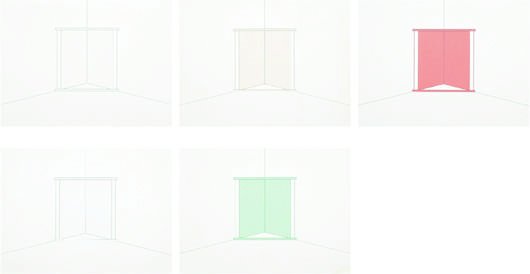 DAN FLAVIN, In Fluorescent Light 8' High to Europe: In Fluorescent Light 8' High to European Couples series, 1971-73 Five lithographs in colors, on wove paper, the full sheets, all S. 17 x 22 in. (43.2 x 55.9 cm) all signed, titled, dated `1973' and an