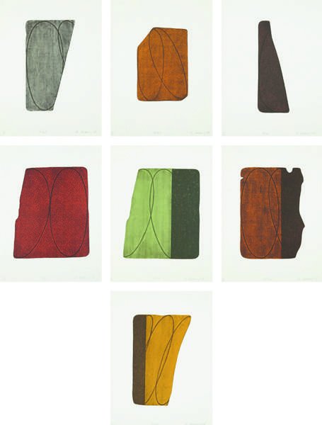 ROBERT MANGOLD, Fragments I-VII, 1997-98: Fragments I-VII, 1997-98 The complete set of seven lithographs in colors, on Twinrocker Cream Calligraphy paper. with full margins, all I. various sizes; all s. 24 x 18 1/4 in. (61 x 46.4 cm) all sign