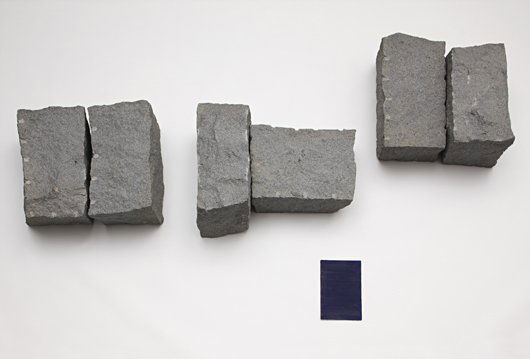 GIOVANNI ANSELMO, Grigi che si alleggeriscono verso: Grigi che si alleggeriscono verso oltremare, 1990 Granite?blocks,?metal?bolts?and?acrylic?on?canvas.? Installation dimensions variable. This?work?is?accompanied?by?a?photo-certificate?of?authenticity?