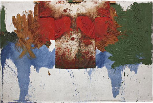 HERMANN NITSCH, Untitled, 1992: Untitled, 1992 Oil and T-shirt on canvas in artist's frame. 199.4 × 300.4 cm (78 1/2 × 118 1/4 in). Signed and dated 'hermann nitsch 1992' on the reverse. This work is accompanied by a photo-certifi