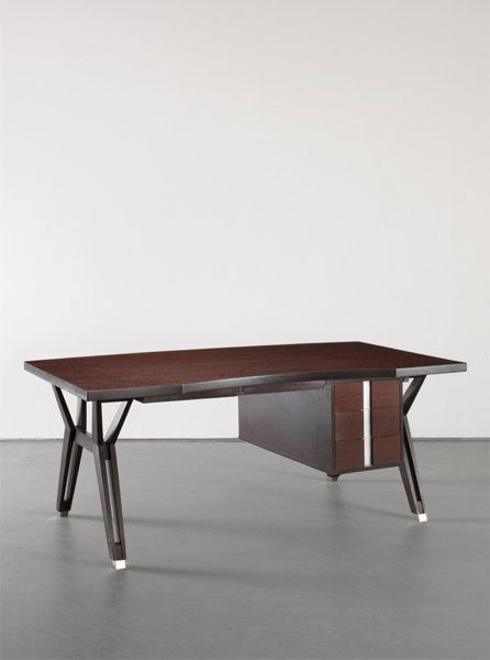 ICO PARISI, 'Terni' desk, c. 1958: 'Terni' desk, c. 1958 Rosewood-veneered wood, rosewood, aluminium 72 x 180 x 35.5 cm (28 3/8 x 70 7/8 x 14 in) Manufactured by MIM, Italy. One side of desktop edge with manufacturer's roundel 'MiM/rom