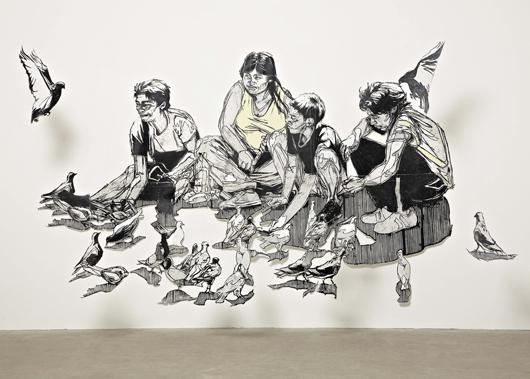 Swoon, Untitled, 2005: Untitled, 2005 Hand-painted linoleum print on mylar. Installation dimensions variable. PROVENANCE Deitch Projects, New York